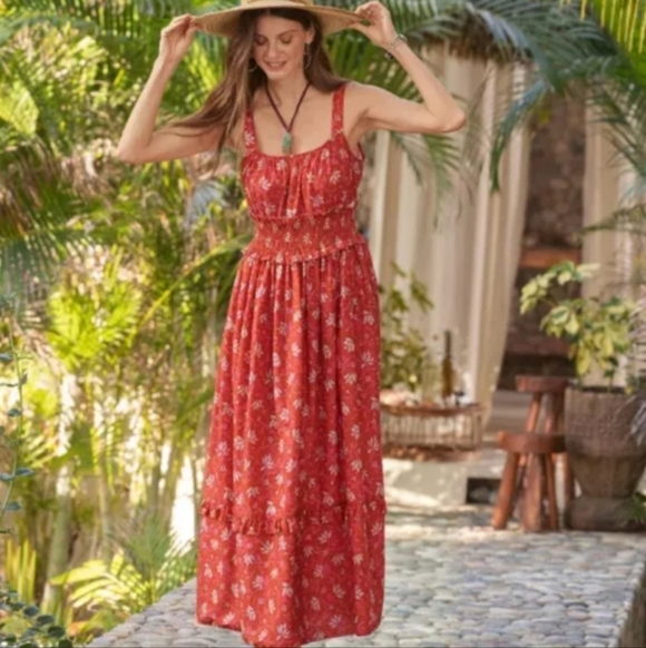 Sundance Dresses & Skirts - Sundance Artful Ari Midi Cotton Dress sz S Coral Floral Orange Swiss Dot Beach